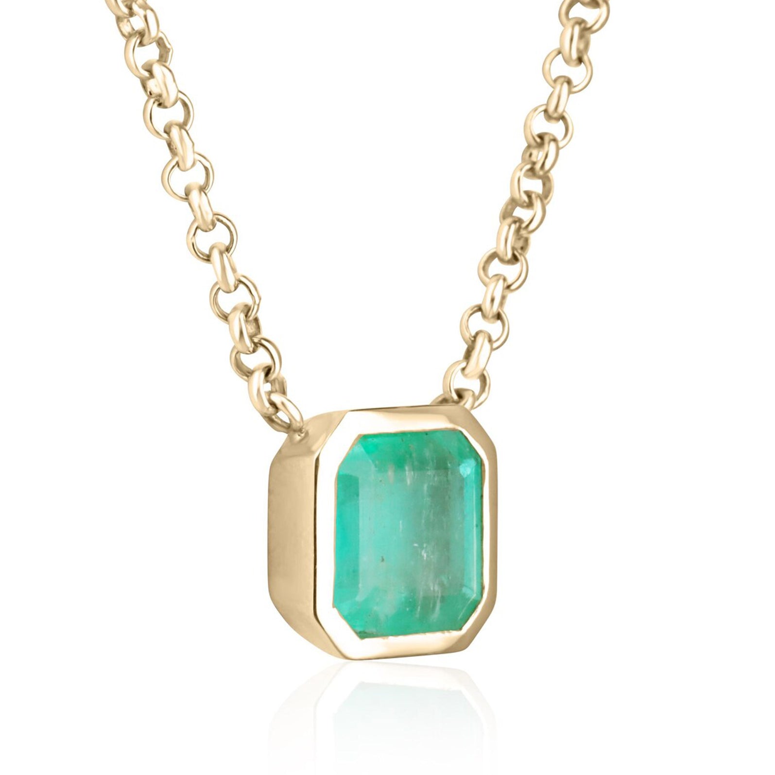 3.22 Carat Natural Colombian Emerald Asscher Cut Bezel Necklace 14K