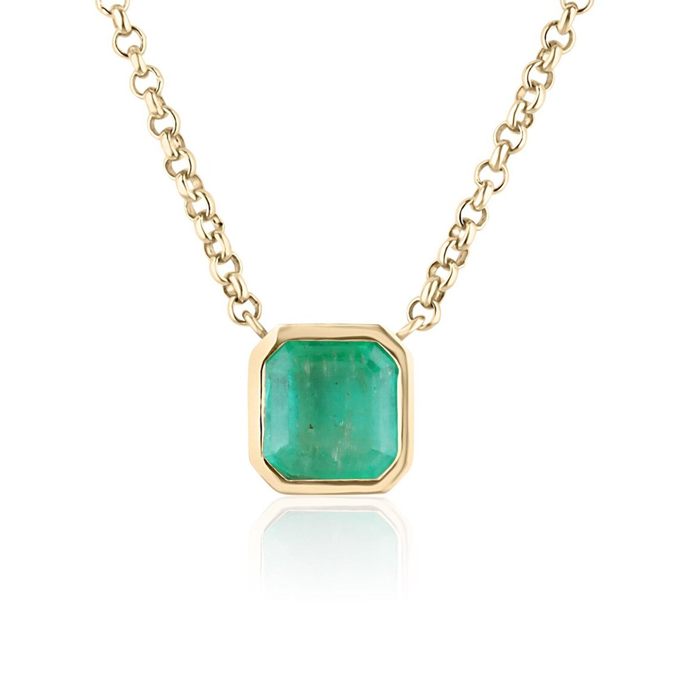 3.22 Carat Natural Colombian Emerald Asscher Cut Bezel Necklace 14K