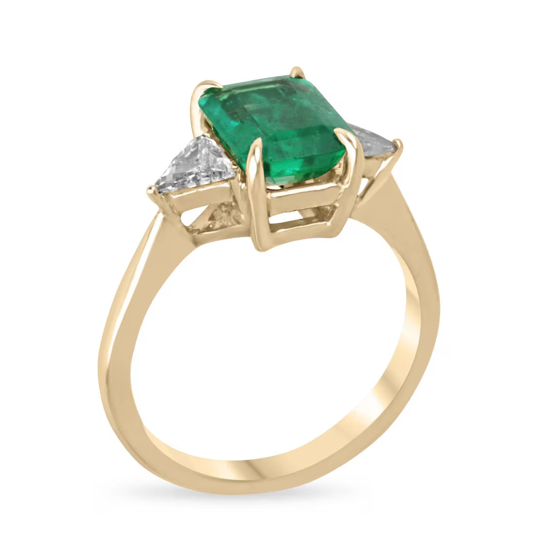 2.37 Carat Emerald Cut Emerald Features Trillion Diamond Side Stones