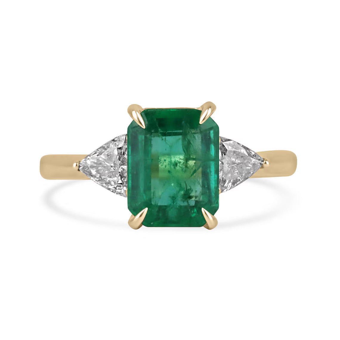 2.37 Carat Emerald Cut Emerald Features Trillion Diamond Side Stones