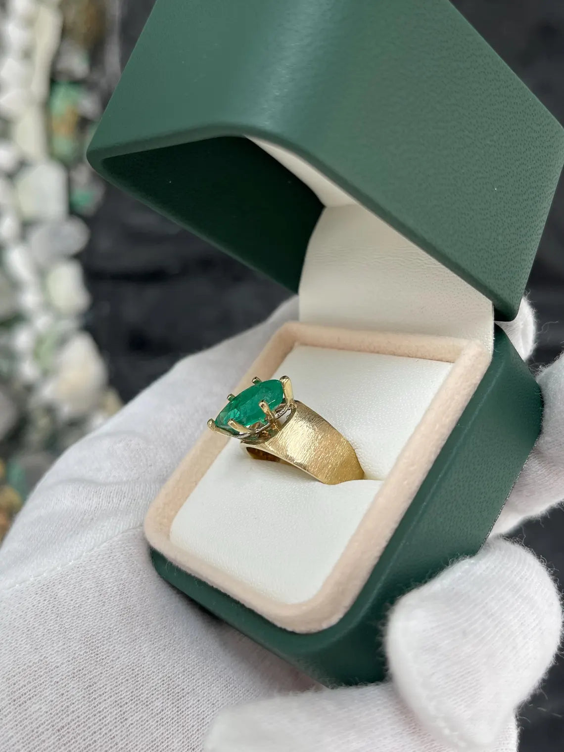 2.68ct Marquise Cut Colombian Emerald Solitaire Ring with 6 Prong Gold Setting