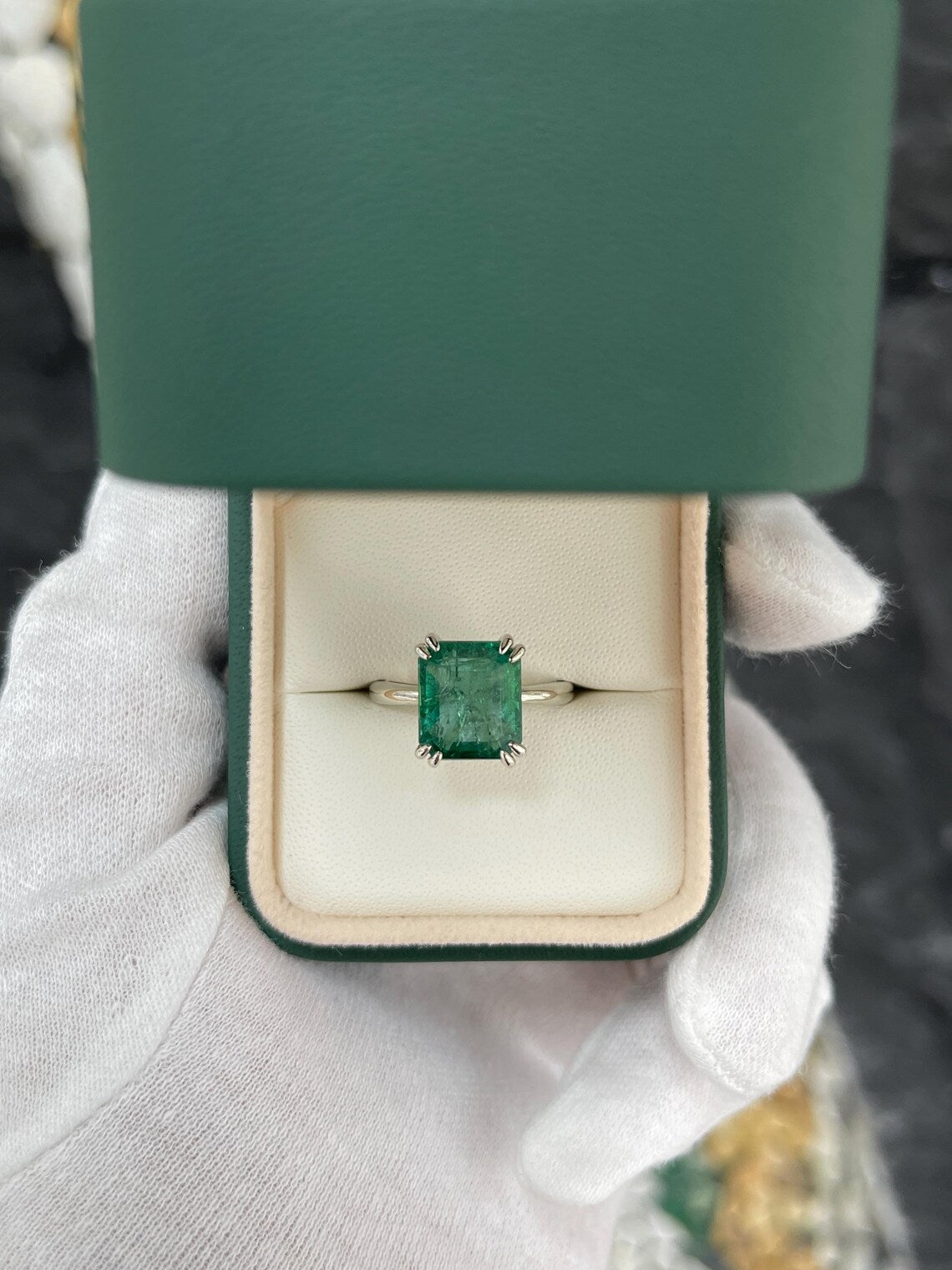 6.01ct Bluish Green Emerald Cut Solitaire Ring Enhances Elegant Style