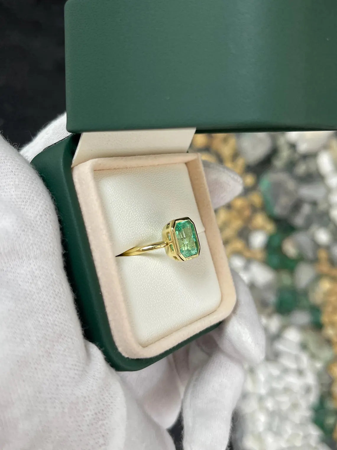 3.04ct Vivid Seafoam Green Emerald Bezel Solitaire Engagement Ring