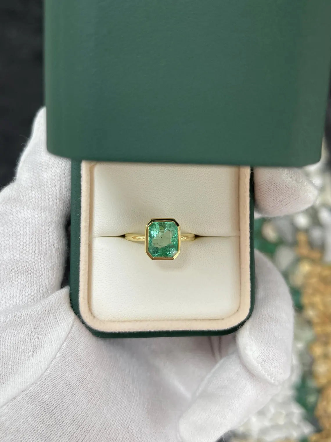 3.04ct Vivid Seafoam Green Emerald Bezel Solitaire Engagement Ring