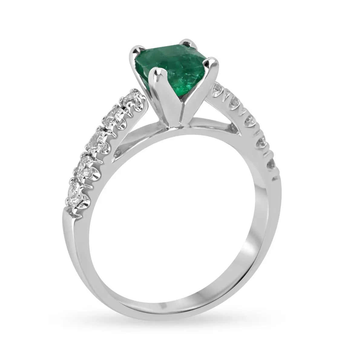1.50Tcw Rich Green Asscher Emerald Sparkles With Diamond Accent Shine Engagement Ring - JR Colombian Emeralds