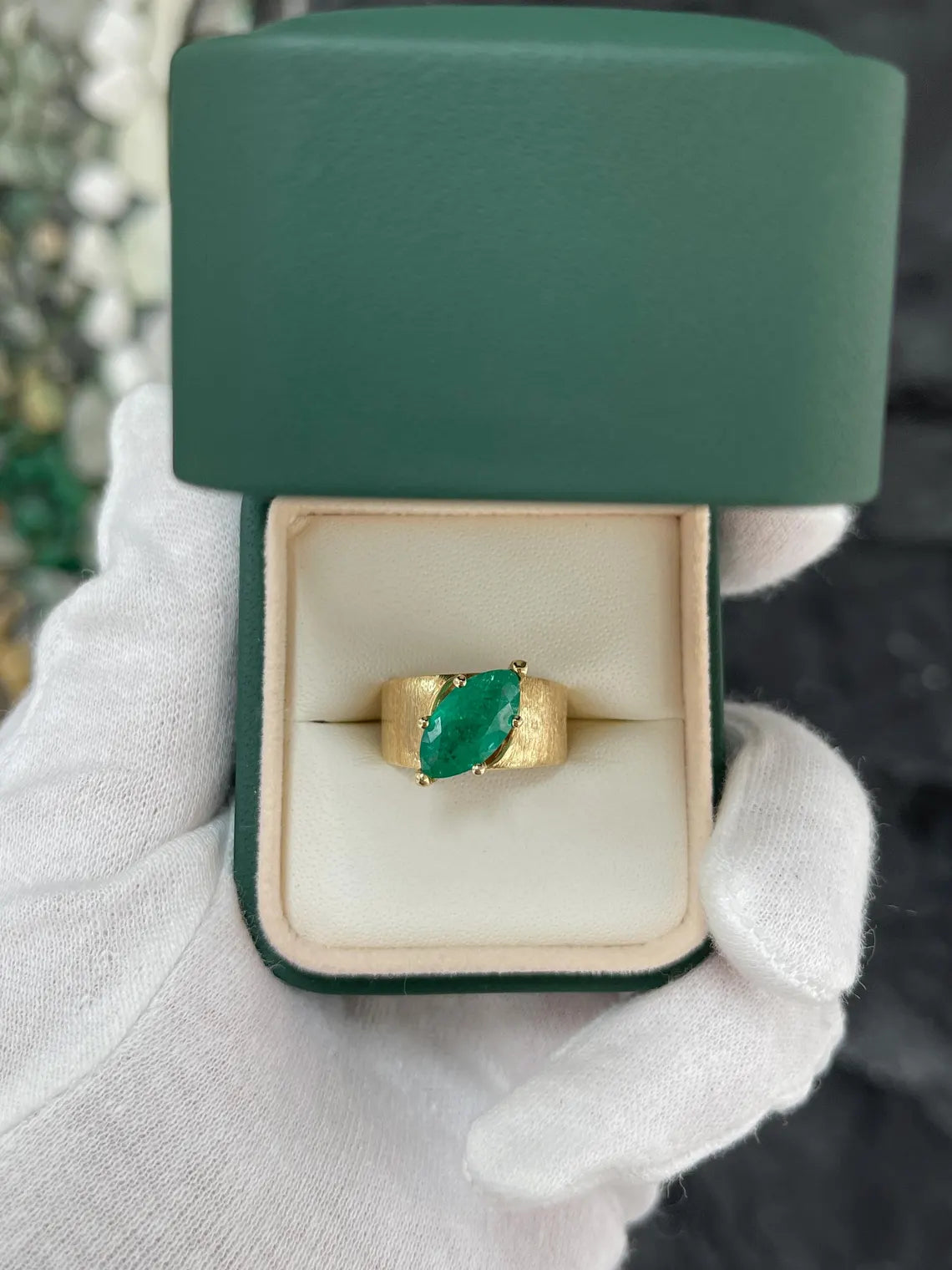 2.68ct Marquise Cut Colombian Emerald Solitaire Ring with 6 Prong Gold Setting