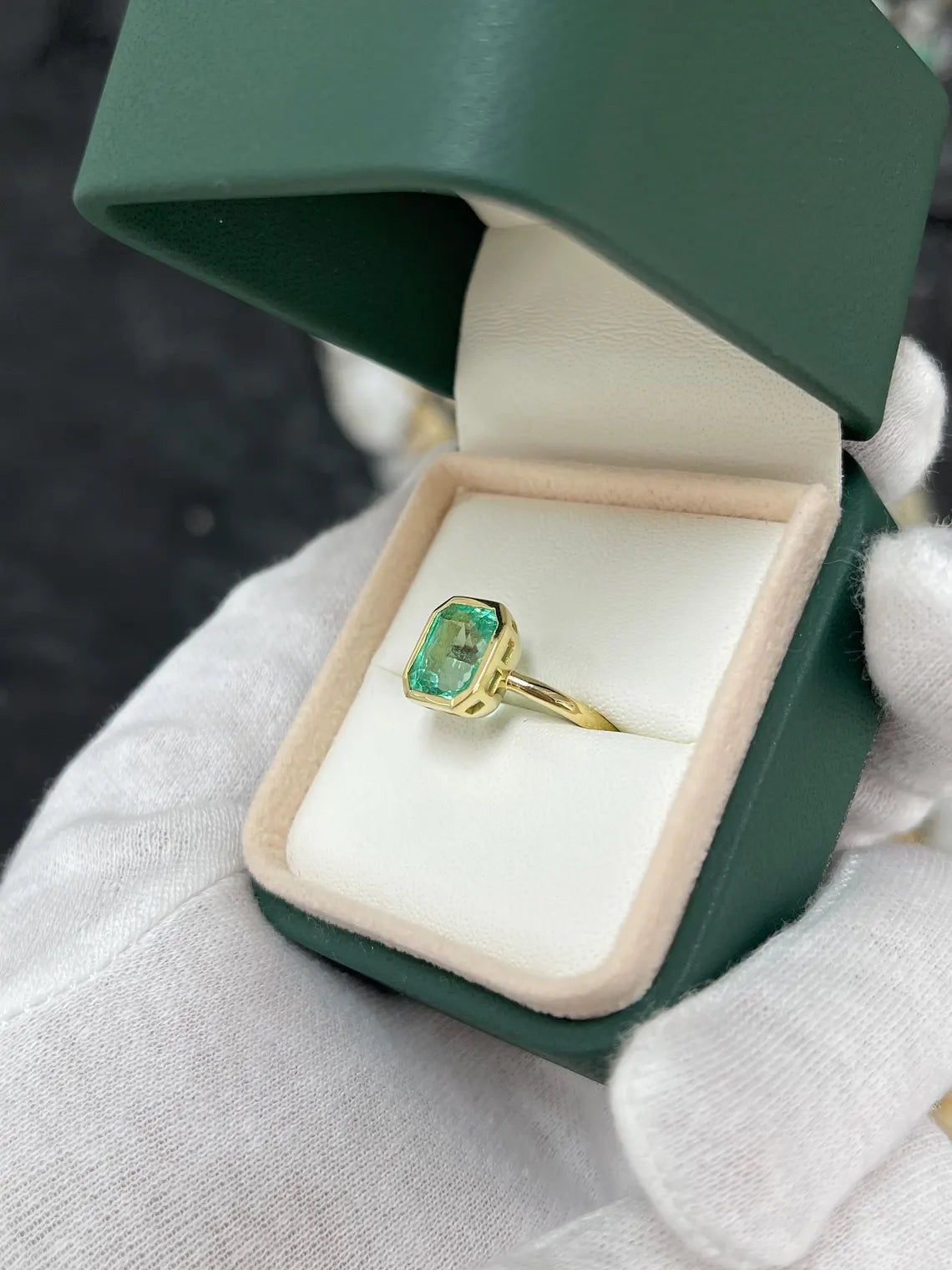 3.04ct Vivid Seafoam Green Emerald Bezel Solitaire Engagement Ring