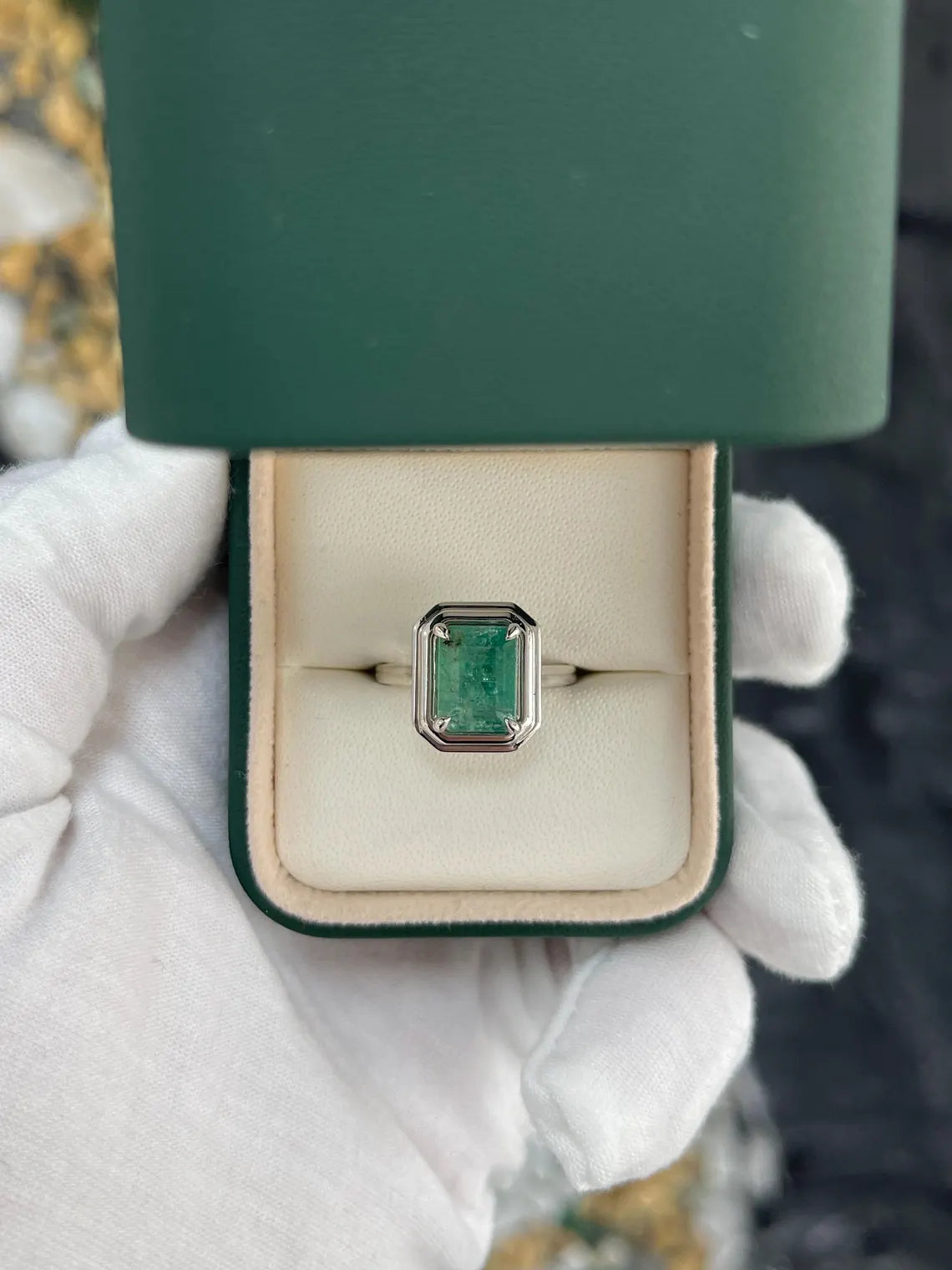 2.75ct Natural Emerald Solitaire Ring, Heavily Included Emerald Cut Ring
