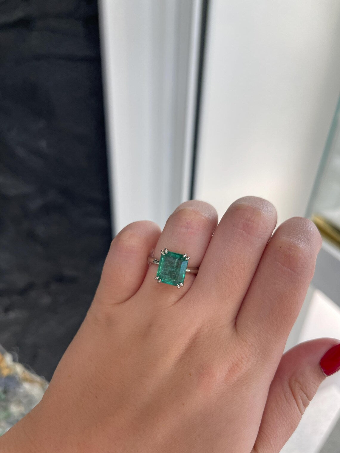 6.01ct Bluish Green Emerald Cut Solitaire Ring Enhances Elegant Style