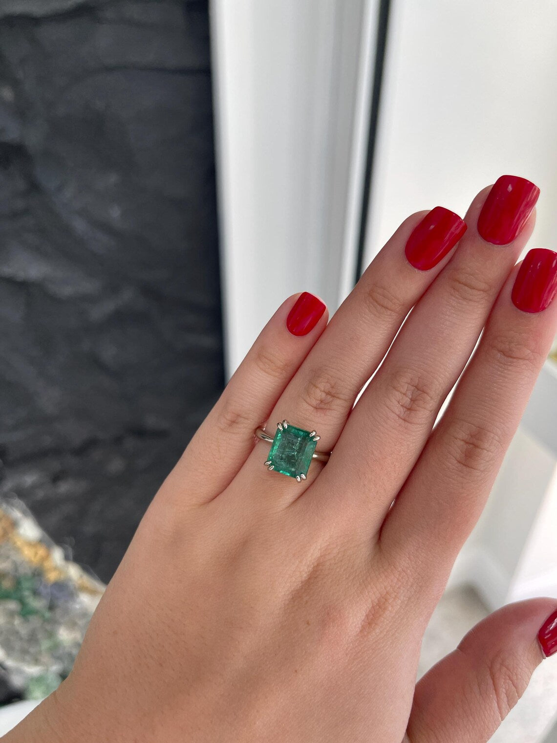 6.01ct Bluish Green Emerald Cut Solitaire Ring Enhances Elegant Style