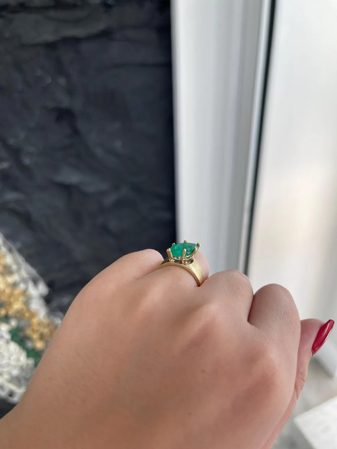 2.68ct Marquise Cut Colombian Emerald Solitaire Ring with 6 Prong Gold Setting