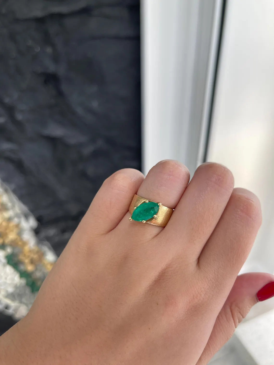 2.68ct Marquise Cut Colombian Emerald Solitaire Ring with 6 Prong Gold Setting