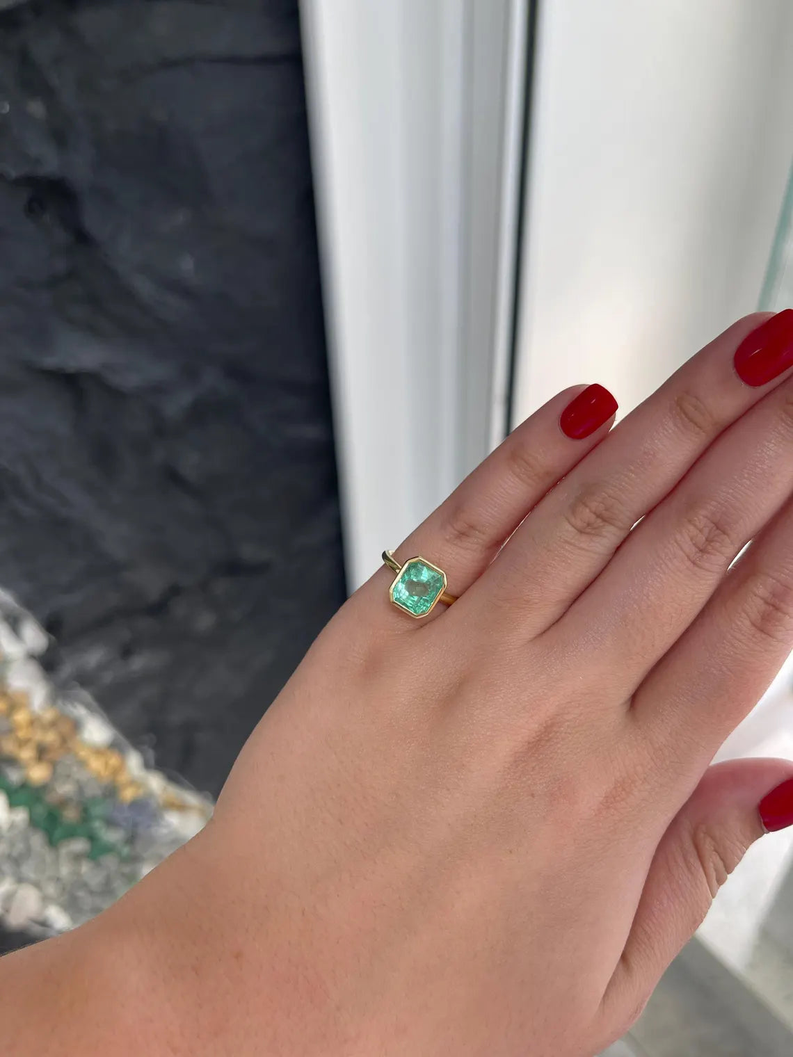 3.04ct Vivid Seafoam Green Emerald Bezel Solitaire Engagement Ring