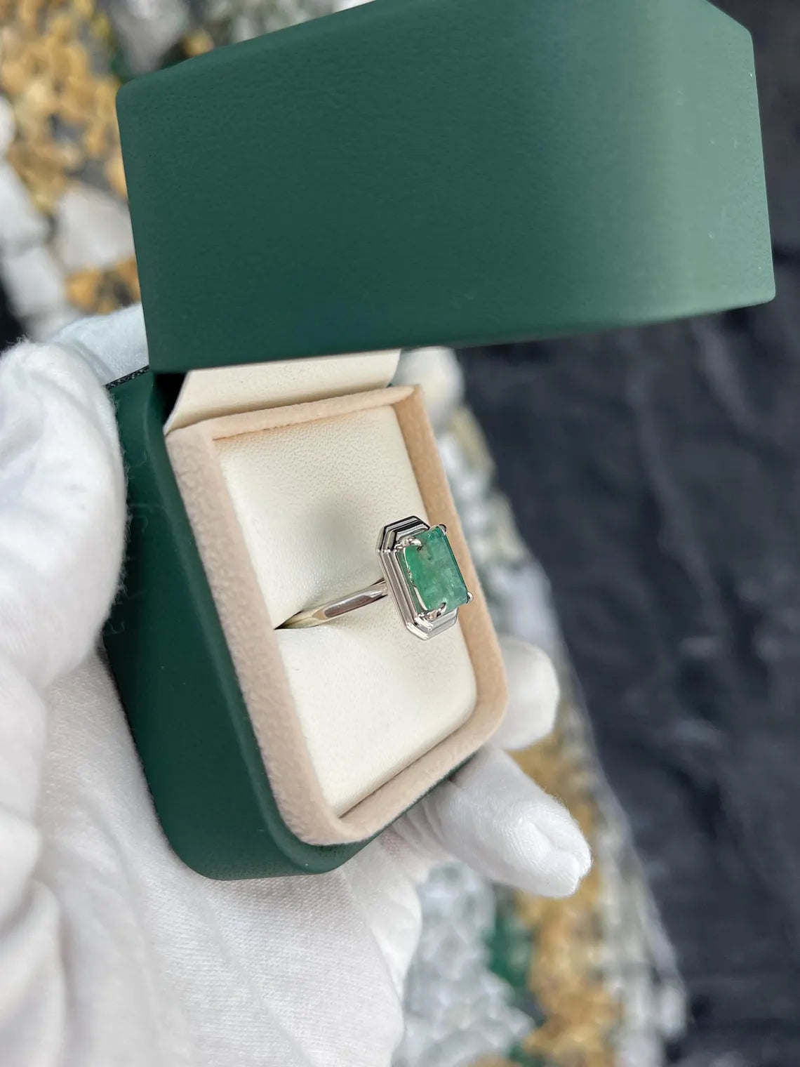 2.75ct Natural Emerald Solitaire Ring, Heavily Included Emerald Cut Ring