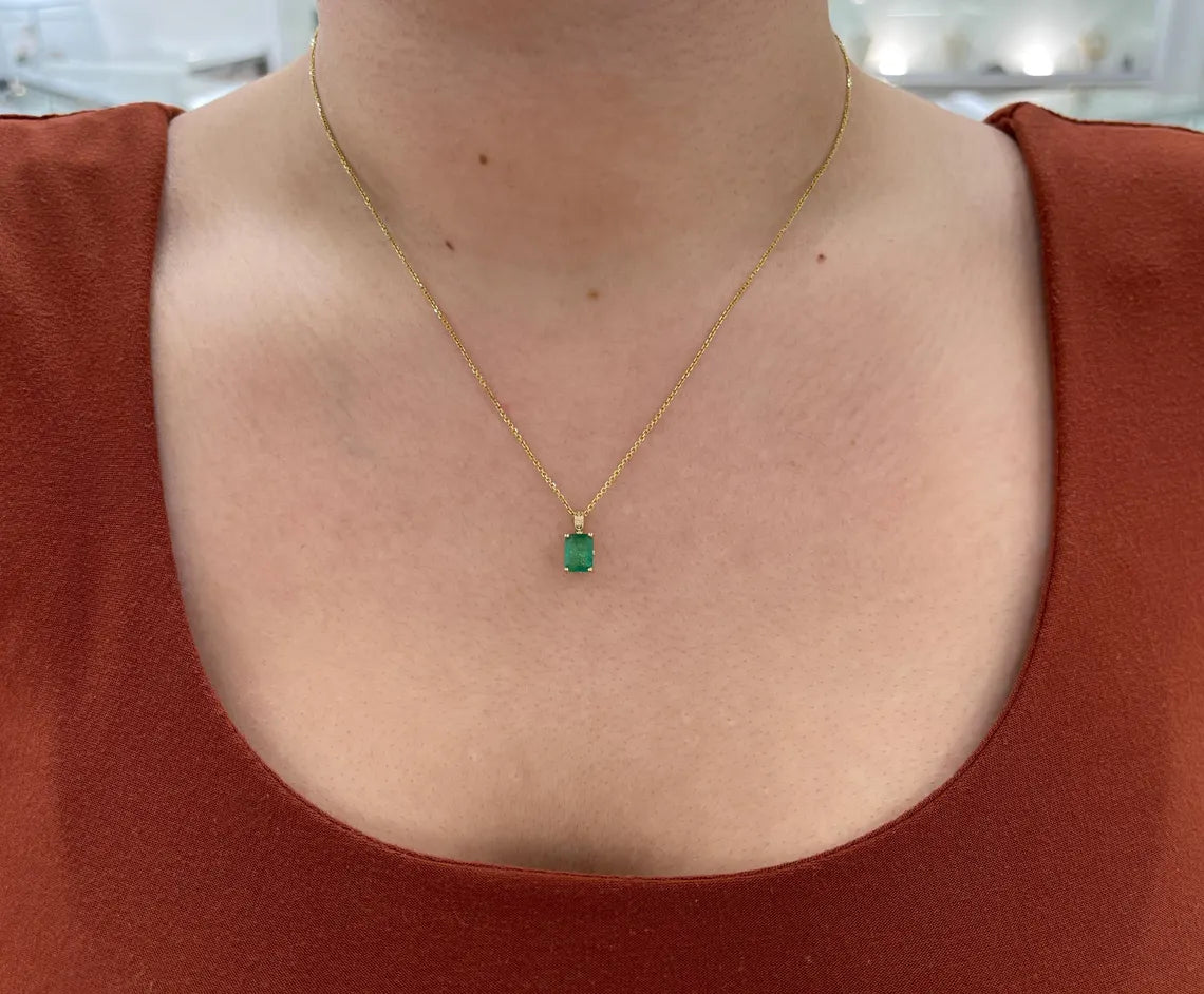 3.50ct Natural Emerald Cut Dark Green Emerald Pendant Necklace Floral