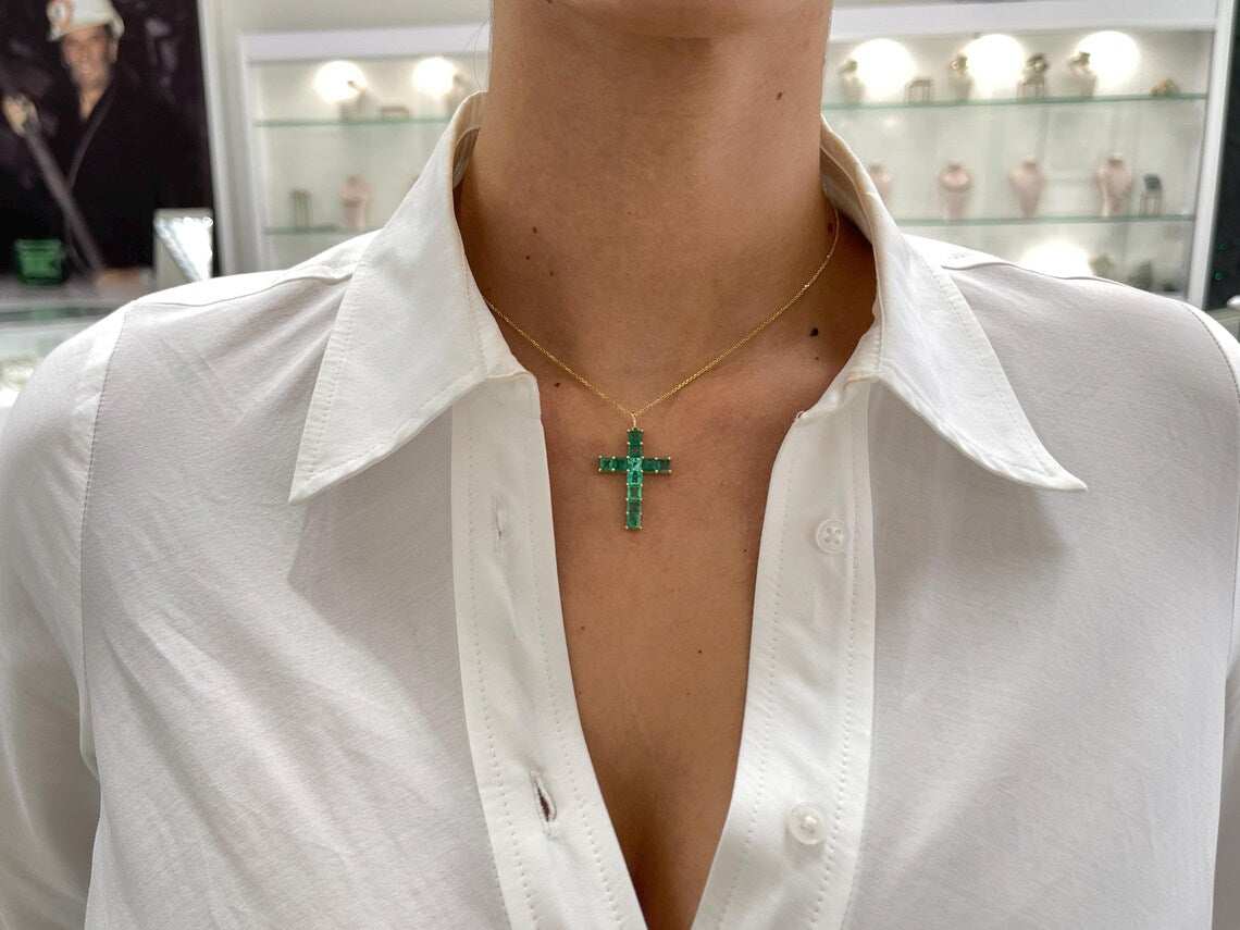 2.20 Carat Natural Princess Cut Emerald Cross Pendant Shines Brightly