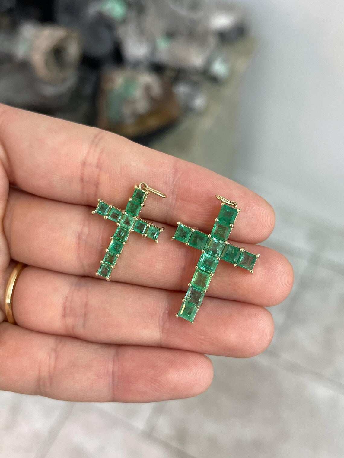 2.20 Carat Natural Princess Cut Emerald Cross Pendant Shines Brightly