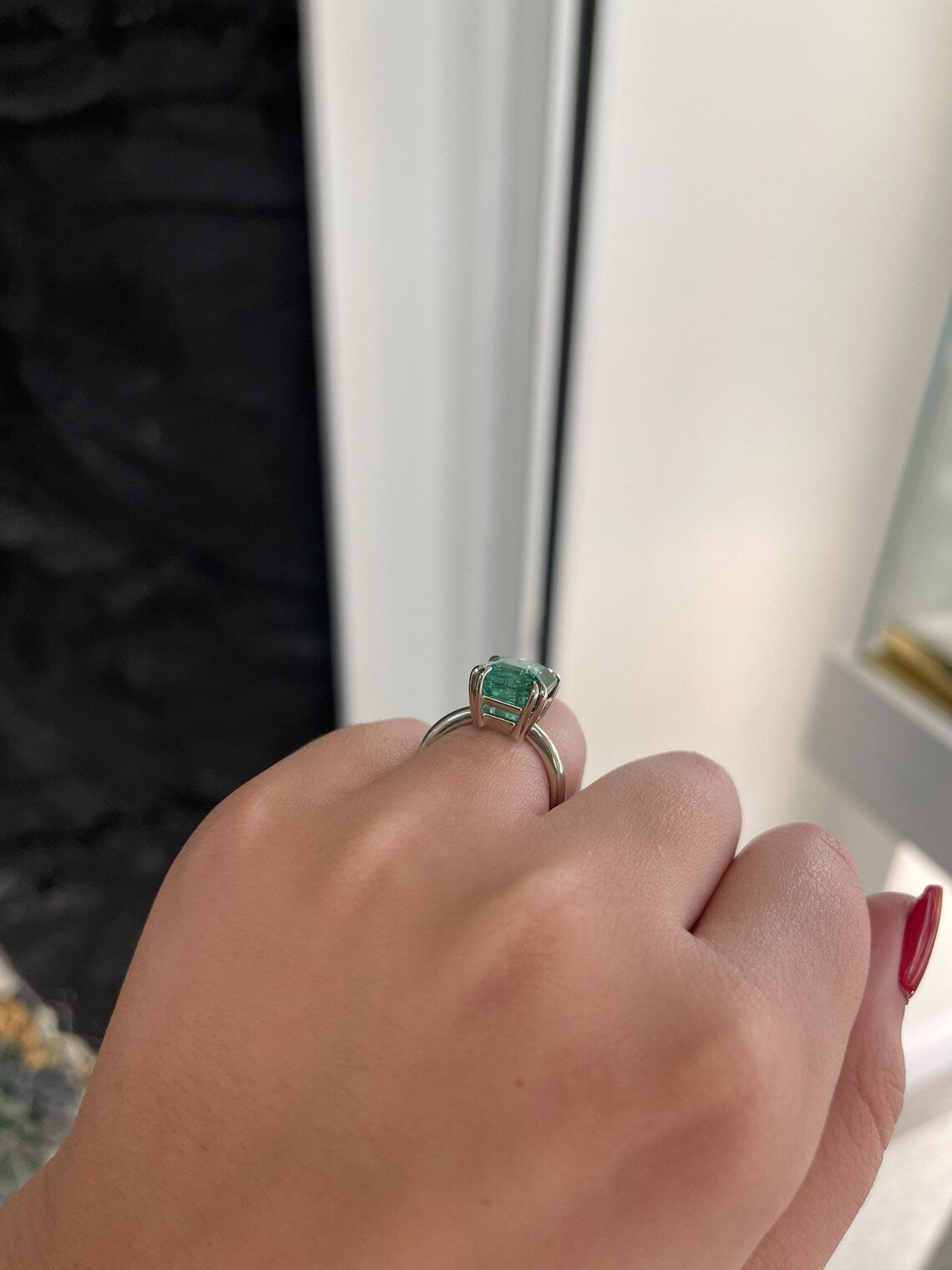 6.01ct Bluish Green Emerald Cut Solitaire Ring Enhances Elegant Style