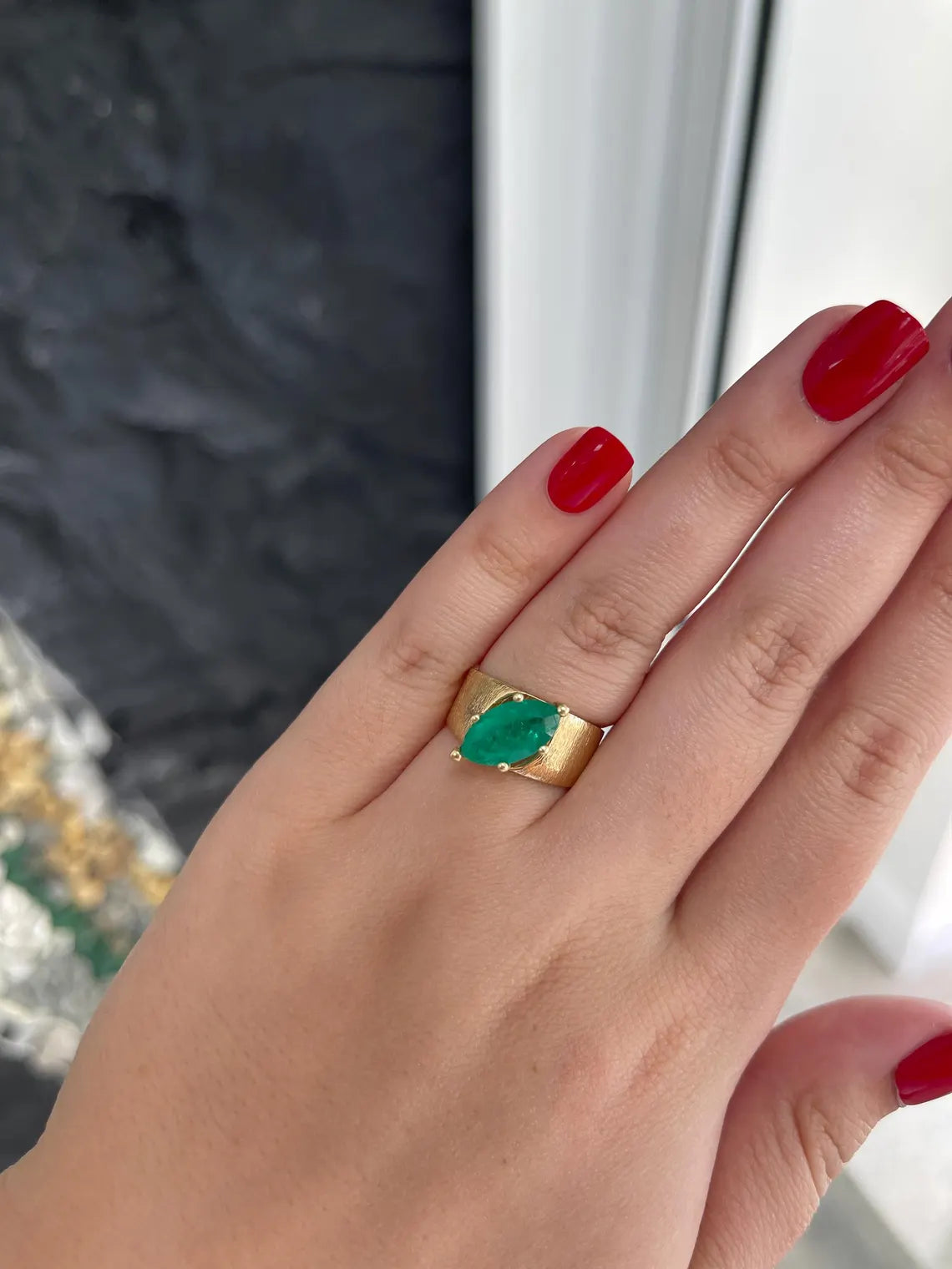 2.68ct Marquise Cut Colombian Emerald Solitaire Ring with 6 Prong Gold Setting