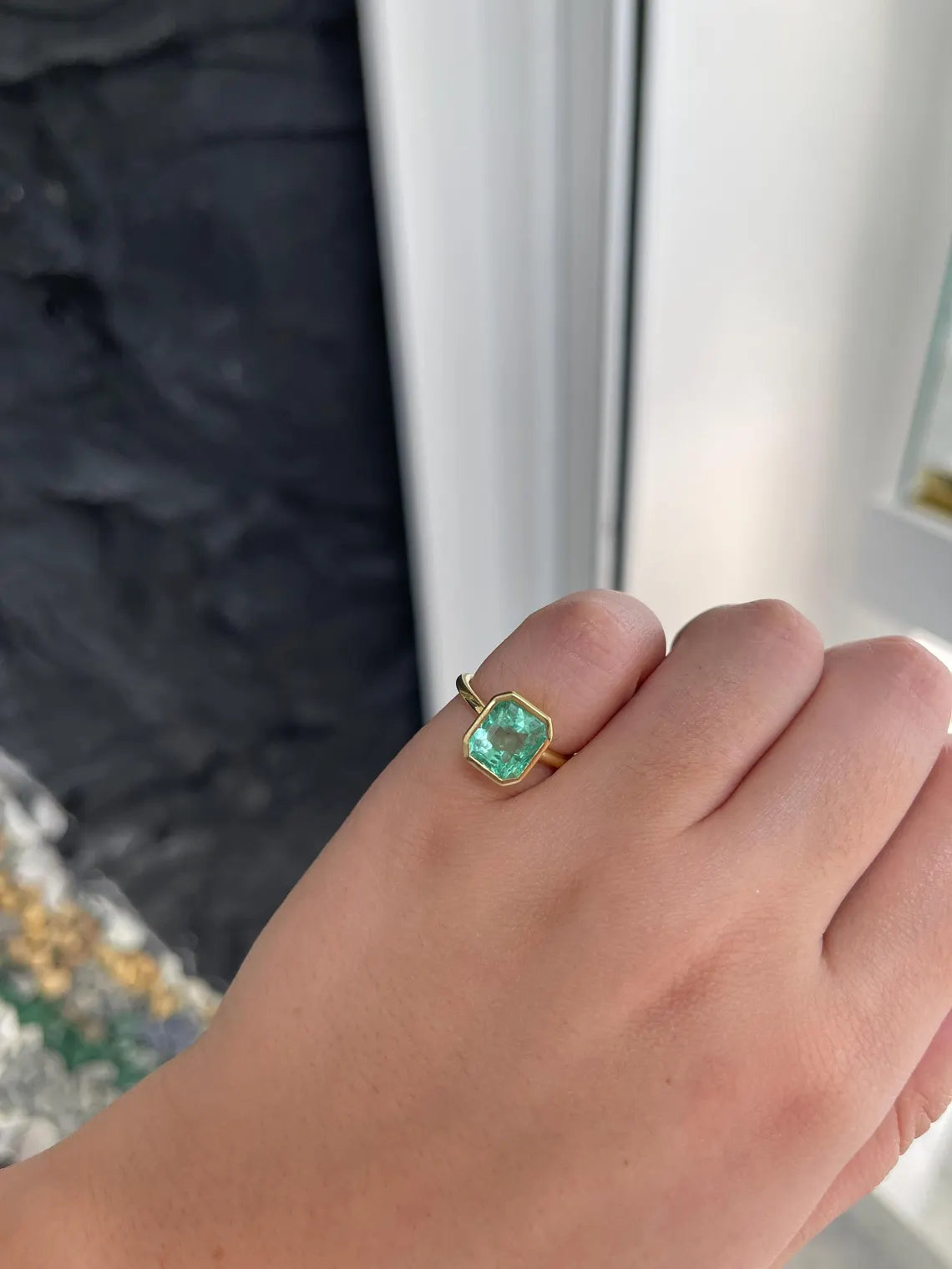 3.04ct Vivid Seafoam Green Emerald Bezel Solitaire Engagement Ring