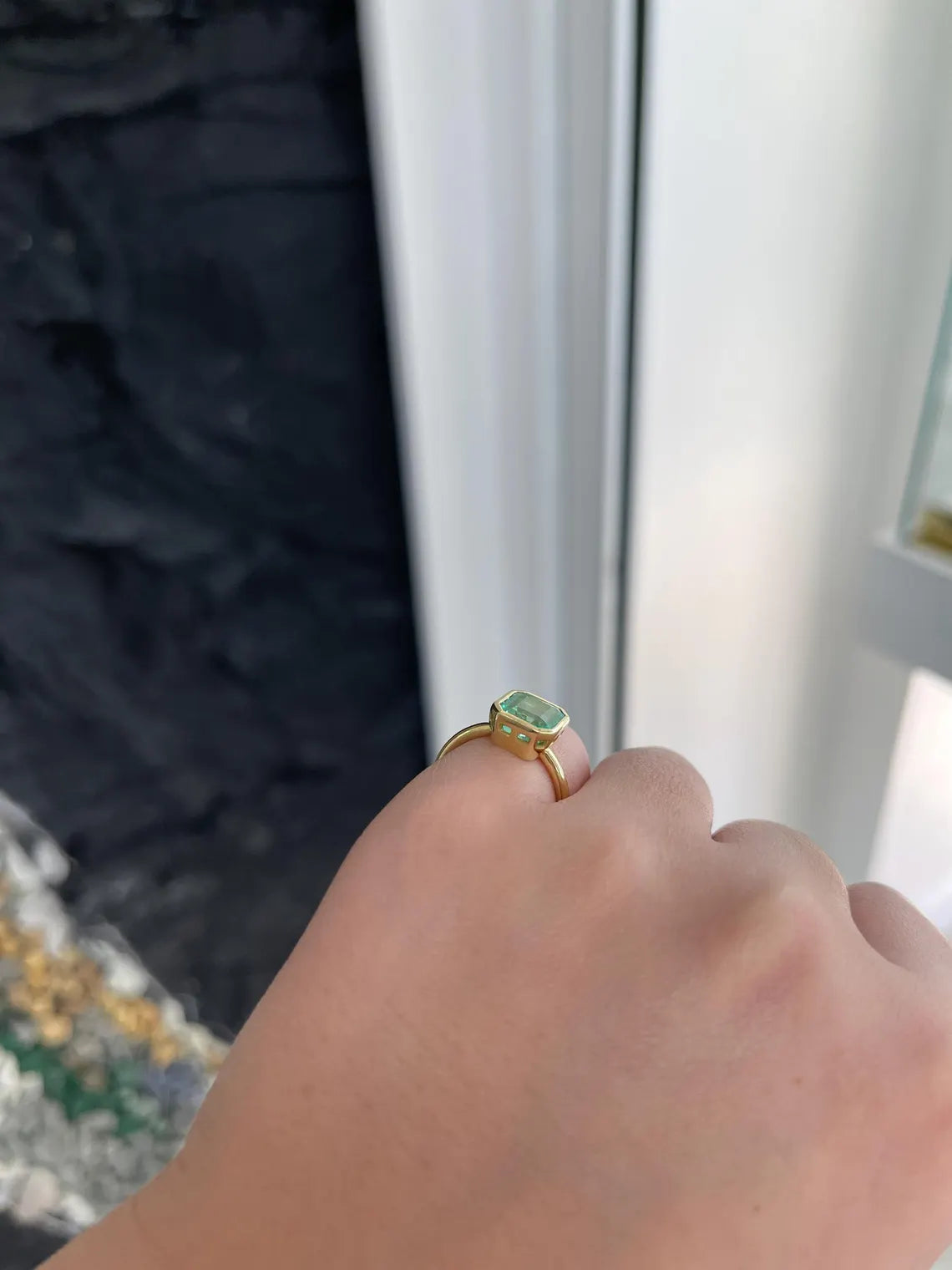 3.04ct Vivid Seafoam Green Emerald Bezel Solitaire Engagement Ring
