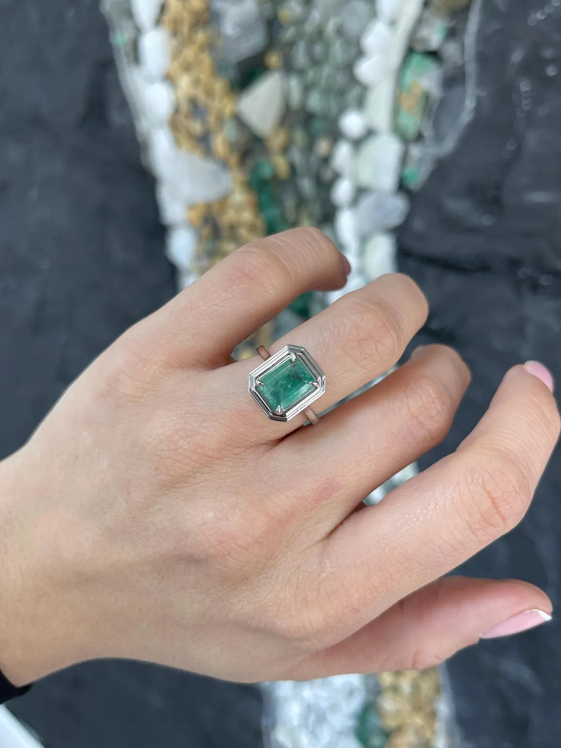 2.75ct Natural Emerald Solitaire Ring, Heavily Included Emerald Cut Ring