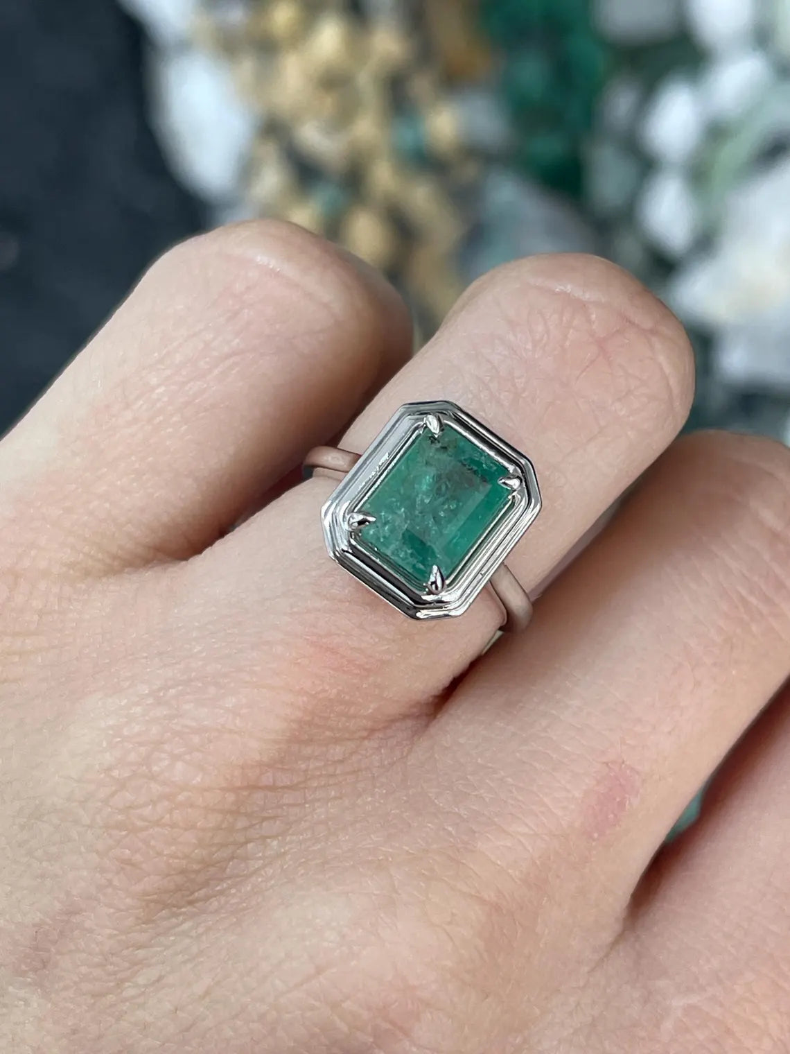2.75ct Natural Emerald Solitaire Ring, Heavily Included Emerald Cut Ring