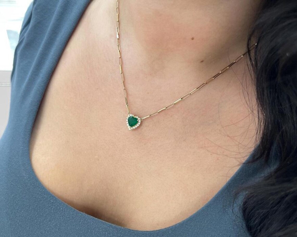 2.0Tcw Heart Emerald Glows In Diamond Halo Pendant Necklace - JR Colombian Emeralds