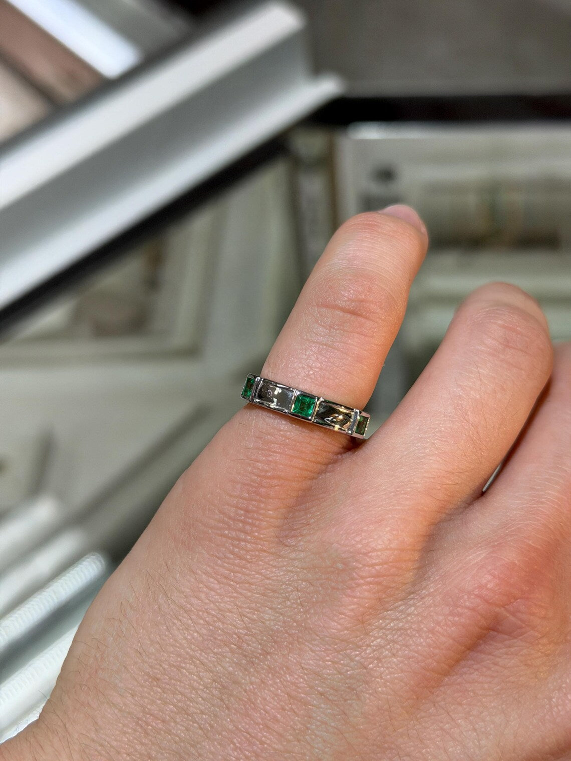 Men's 14K gold emerald three-stone band ring with rich green princess cut emeralds by JR Colombian Emeralds.
