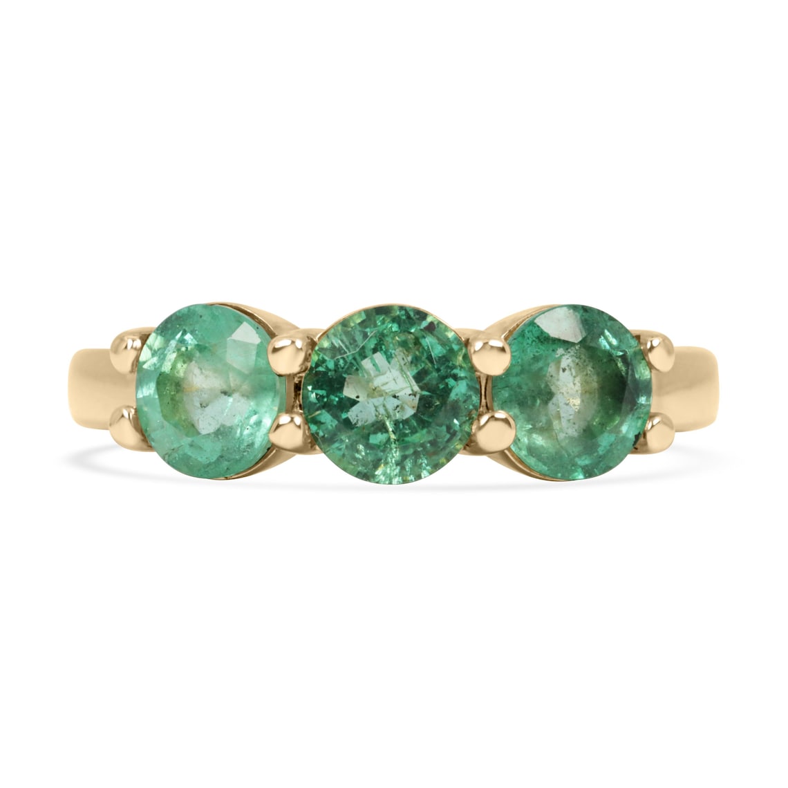 Ladies emerald ring with 2.20 carat round emeralds, three-stone band in 14K gold, featuring rich green color and classic design.