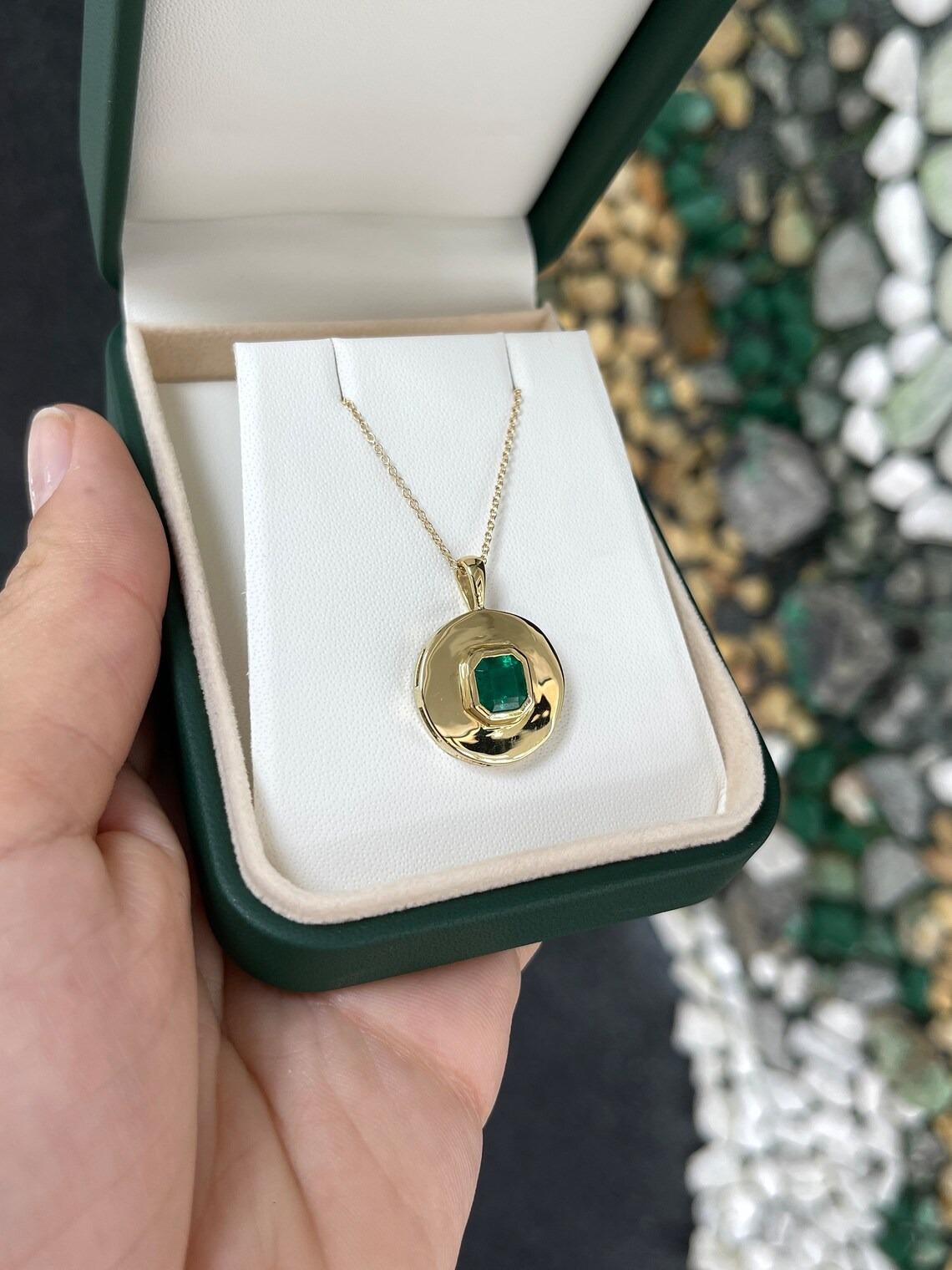 1.83ct Rich Dark Green Asscher Cut Emerald Solitaire Bezel Medallion Pendant 14K