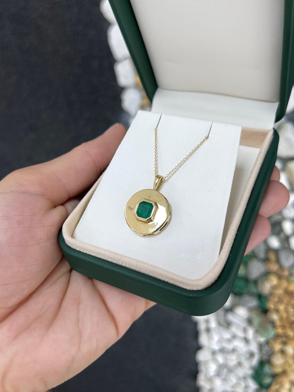 1.83ct Rich Dark Green Asscher Cut Emerald Solitaire Bezel Medallion Pendant 14K