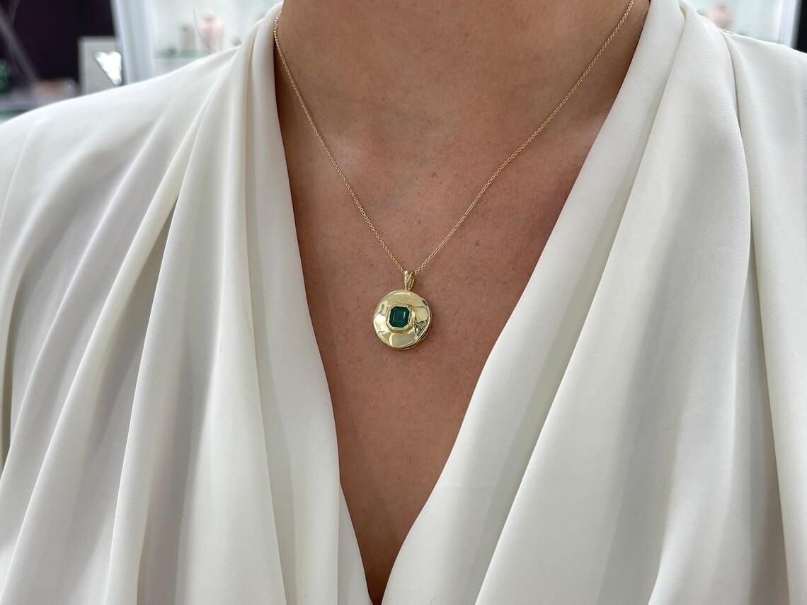 1.83ct Rich Dark Green Asscher Cut Emerald Solitaire Bezel Medallion Pendant 14K