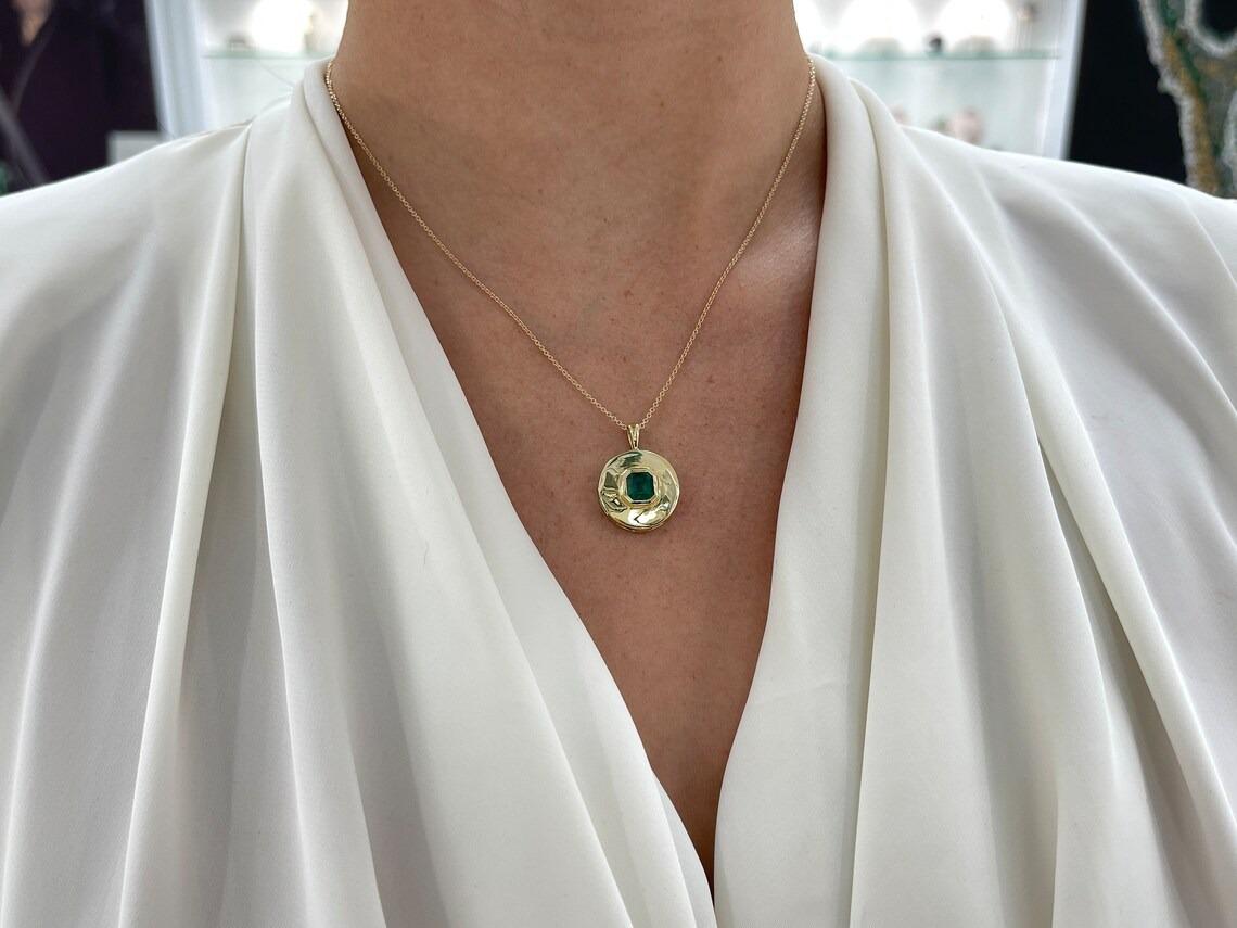 1.83ct Rich Dark Green Asscher Cut Emerald Solitaire Bezel Medallion Pendant 14K