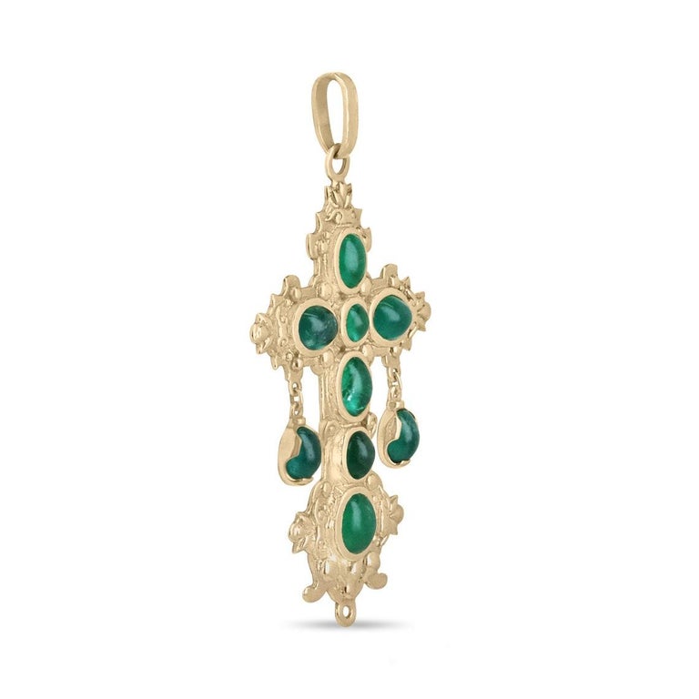 22.19tcw Natural Oval Emerald Cabochon Atocha Replica Cross Pendant 14K Yellow Gold