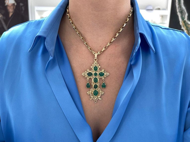22.19tcw Natural Oval Emerald Cabochon Atocha Replica Cross Pendant 14K Yellow Gold