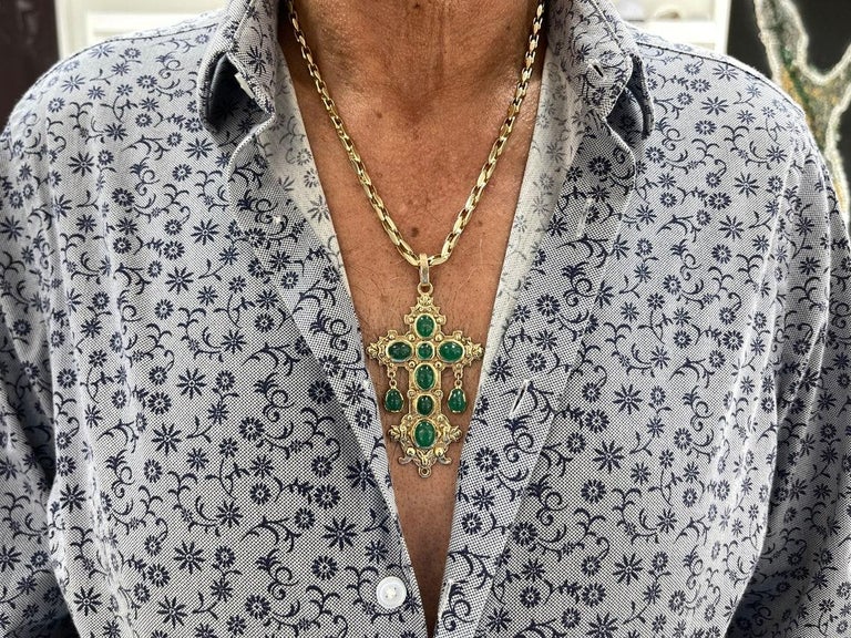 22.19tcw Natural Oval Emerald Cabochon Atocha Replica Cross Pendant 14K Yellow Gold