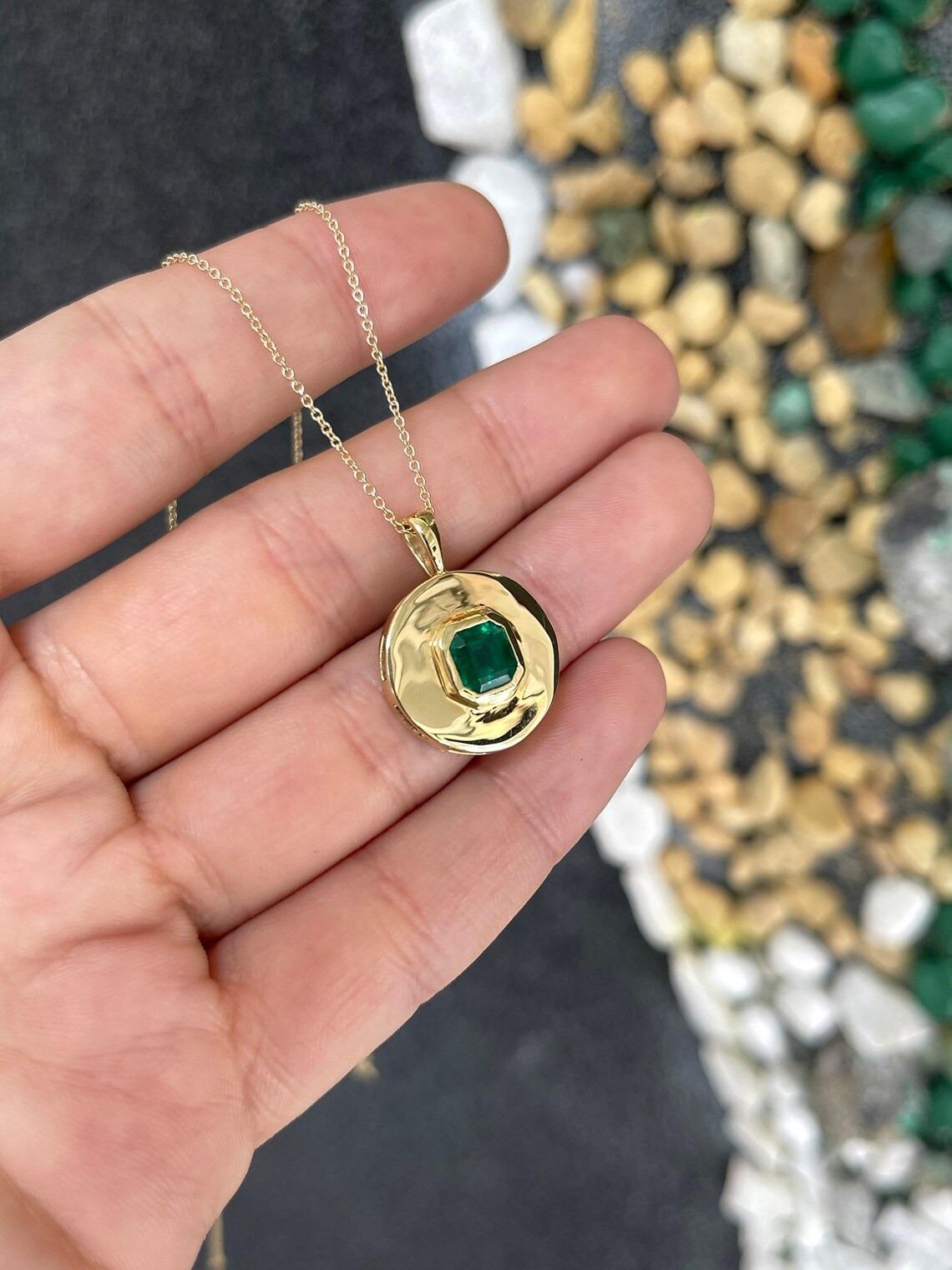 1.83ct Rich Dark Green Asscher Cut Emerald Solitaire Bezel Medallion Pendant 14K