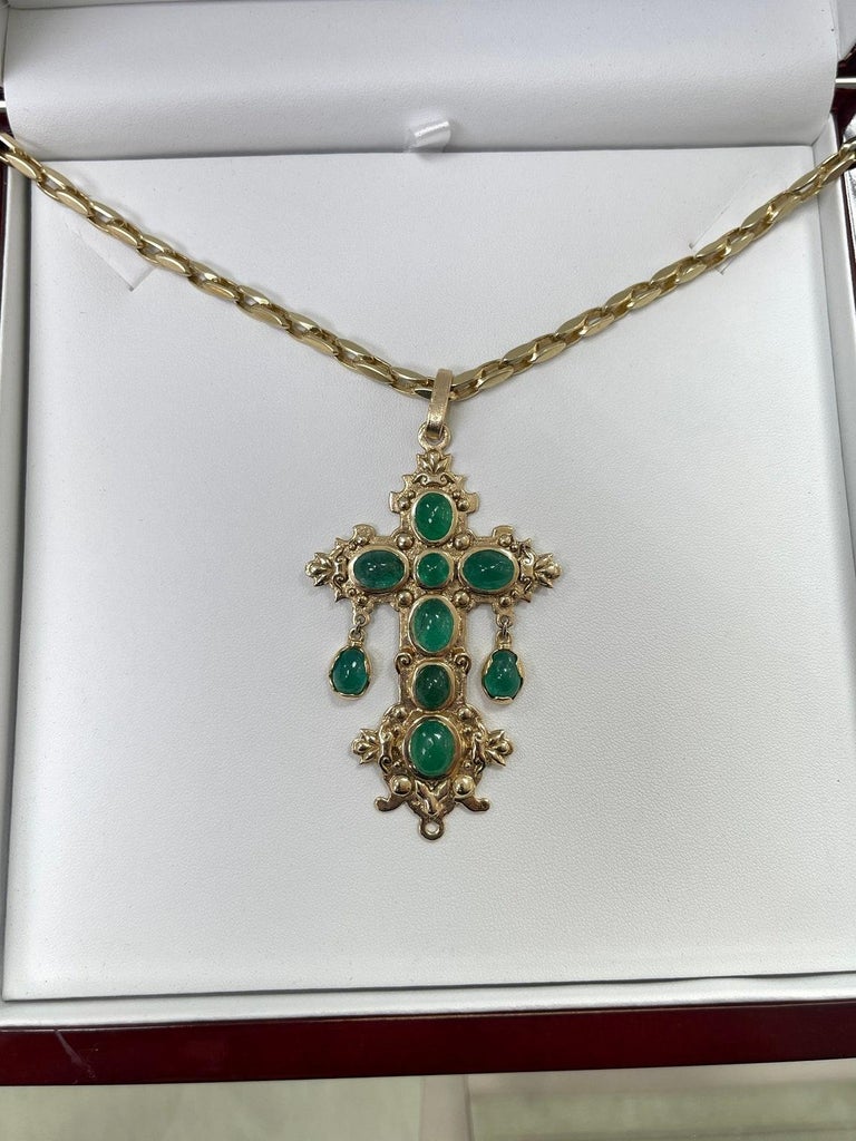 22.19tcw Natural Oval Emerald Cabochon Atocha Replica Cross Pendant 14K Yellow Gold