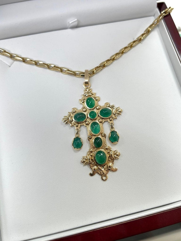 22.19tcw Natural Oval Emerald Cabochon Atocha Replica Cross Pendant 14K Yellow Gold