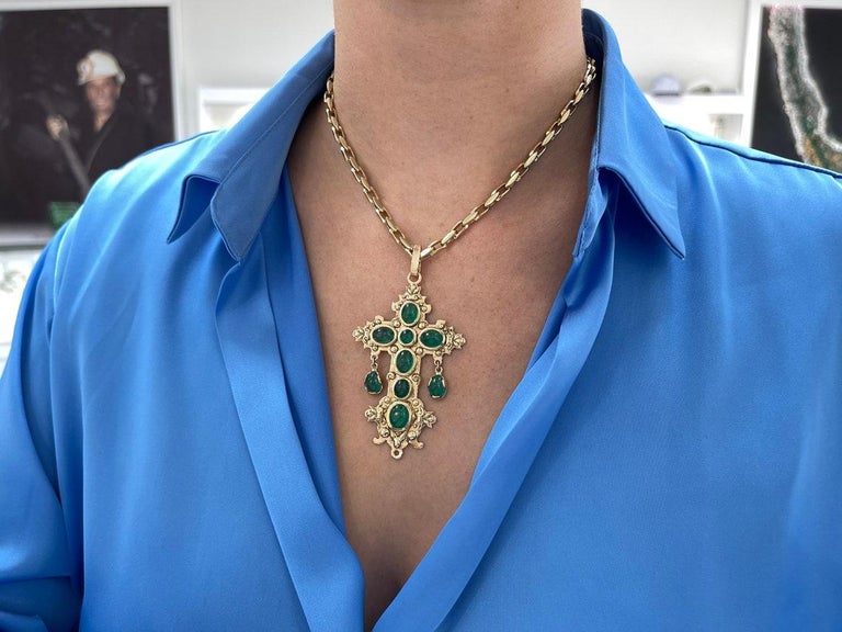 22.19tcw Natural Oval Emerald Cabochon Atocha Replica Cross Pendant 14K Yellow Gold