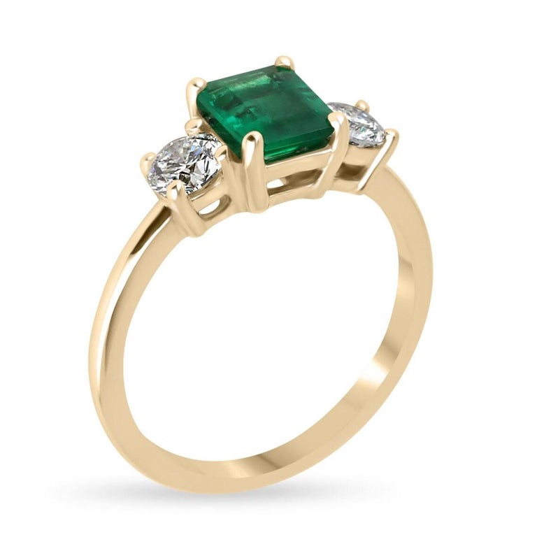1.34tcw Emerald Cut Emerald Diamond Three Stone Prong Engagement Ring 18K