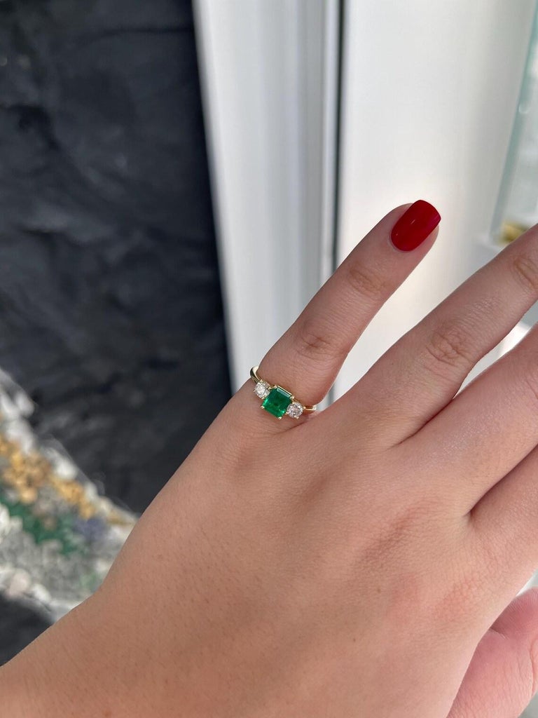 1.34tcw Emerald Cut Emerald Diamond Three Stone Prong Engagement Ring 18K