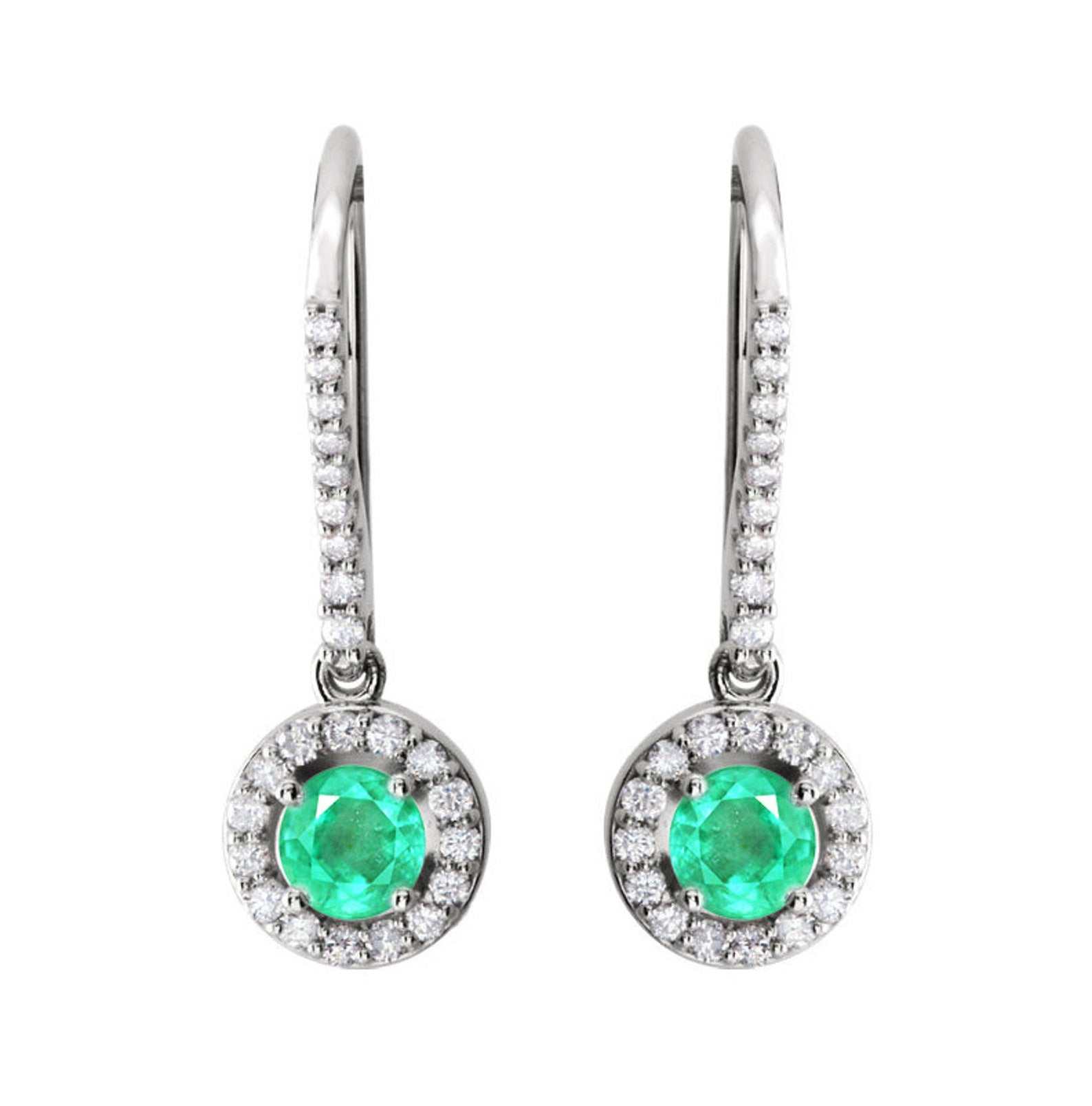 1.20tcw Diamond Halo-Style Round genuine Emerald French Hook Dangle Earrings 14K