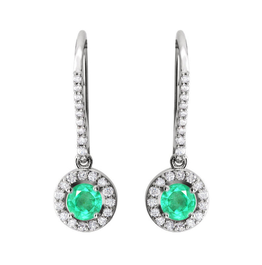 1.20tcw Diamond Halo-Style Round genuine Emerald French Hook Dangle Earrings 14K
