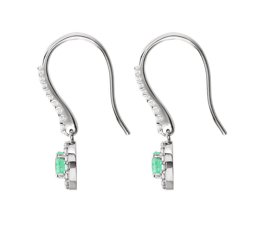 1.20tcw Diamond Halo-Style Round genuine Emerald French Hook Dangle Earrings 14K white
