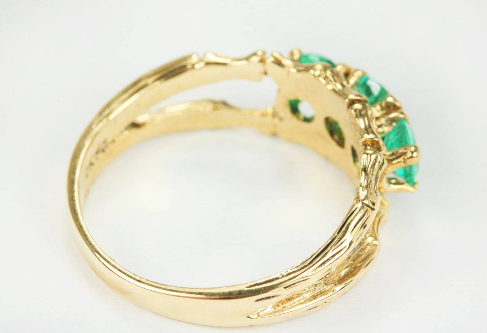 Three Stone Round Real Green Emerald 0.80tcw Bamboo Tree Nature Ring 14K