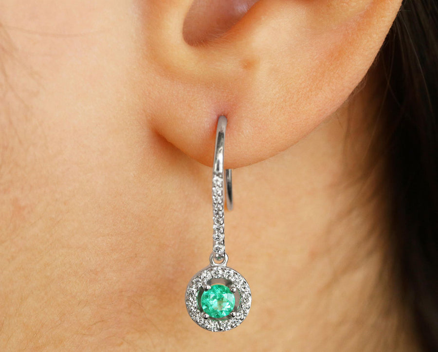 14K White Diamond Halo-Style 1.20tcw Round genuine Emerald French Hook Dangle Earrings