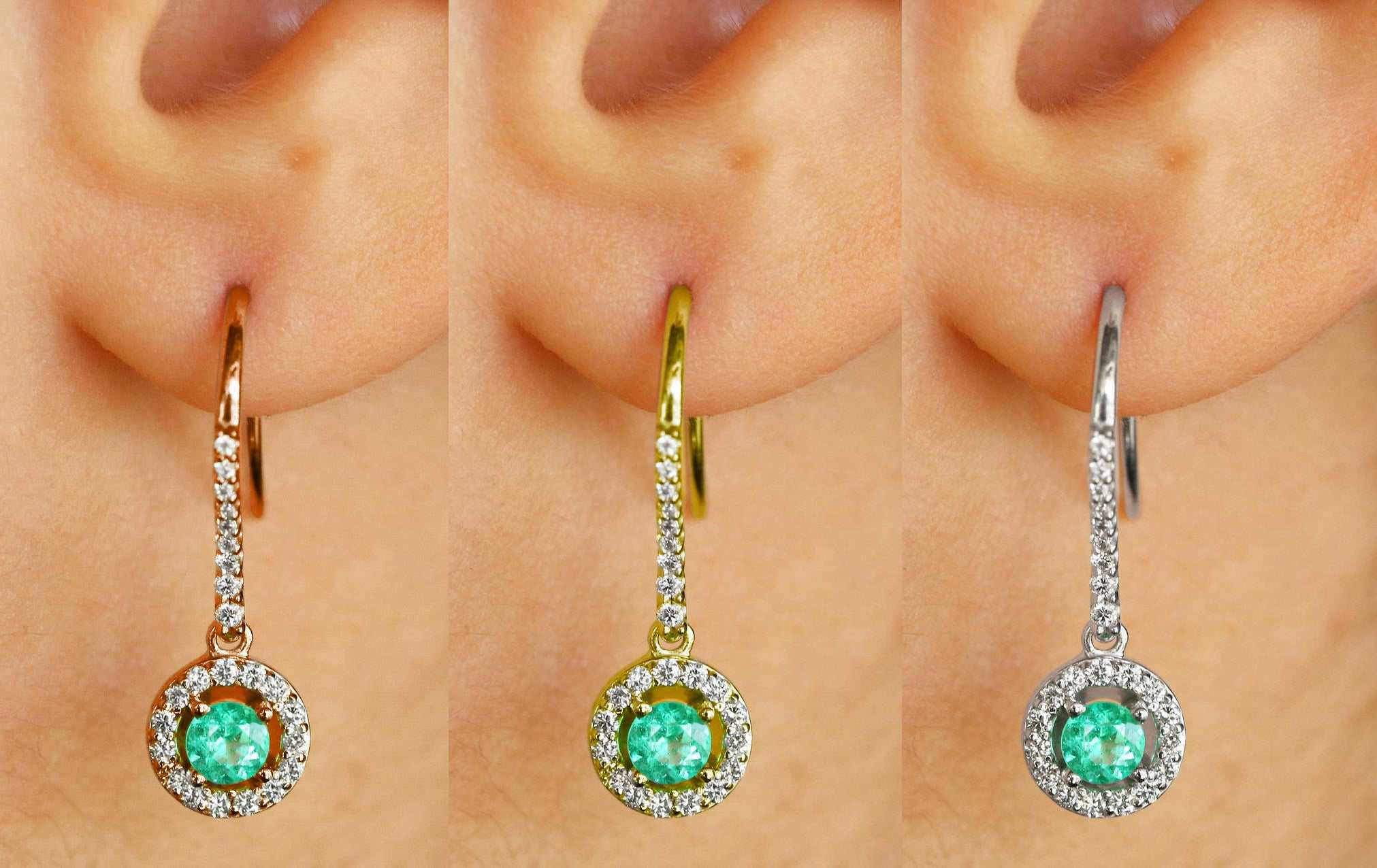 1.20tcw Diamond Halo-Style Round genuine Emerald French Hook Dangle Earrings 14K Yellow Gold