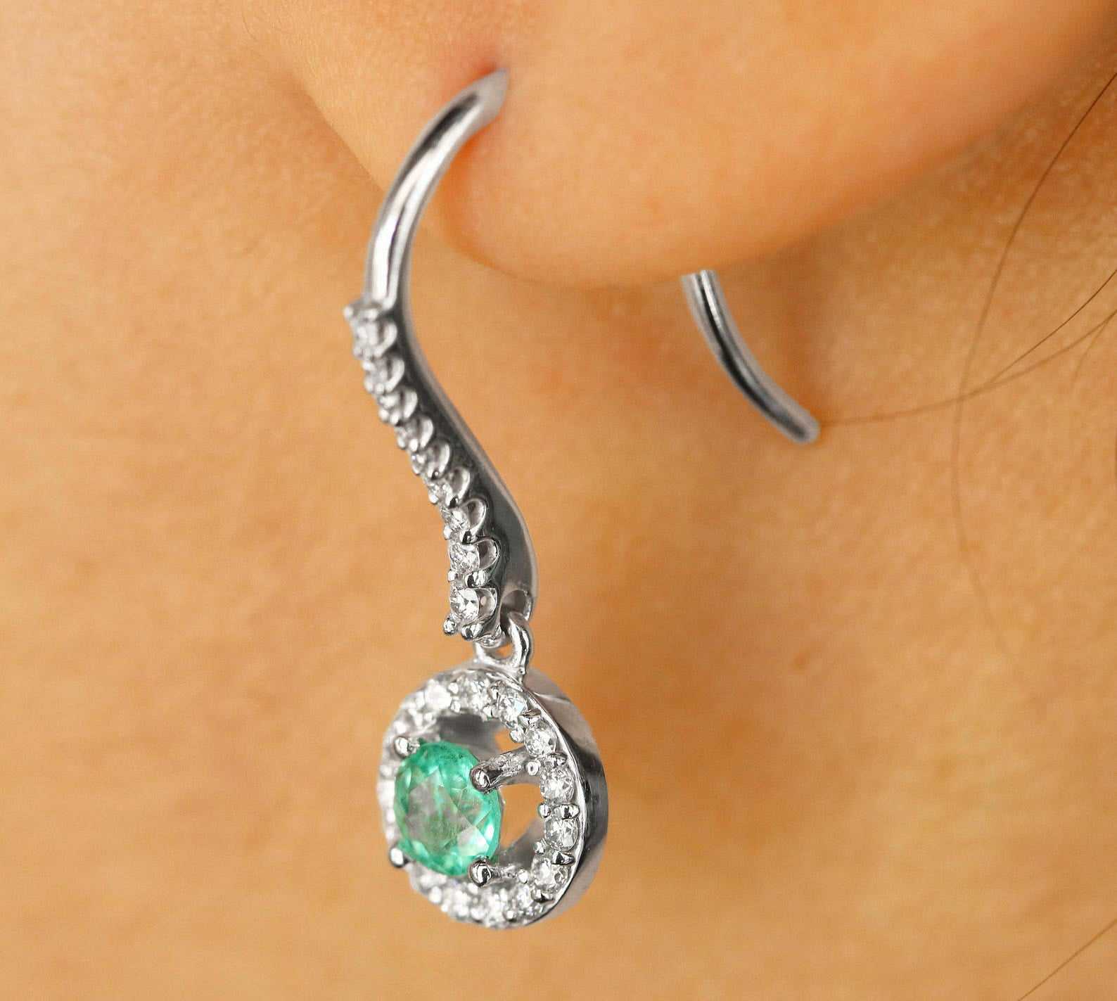 14K Natural Diamond Halo-Style 1.20tcw Round genuine Emerald French Hook Dangle Earrings 